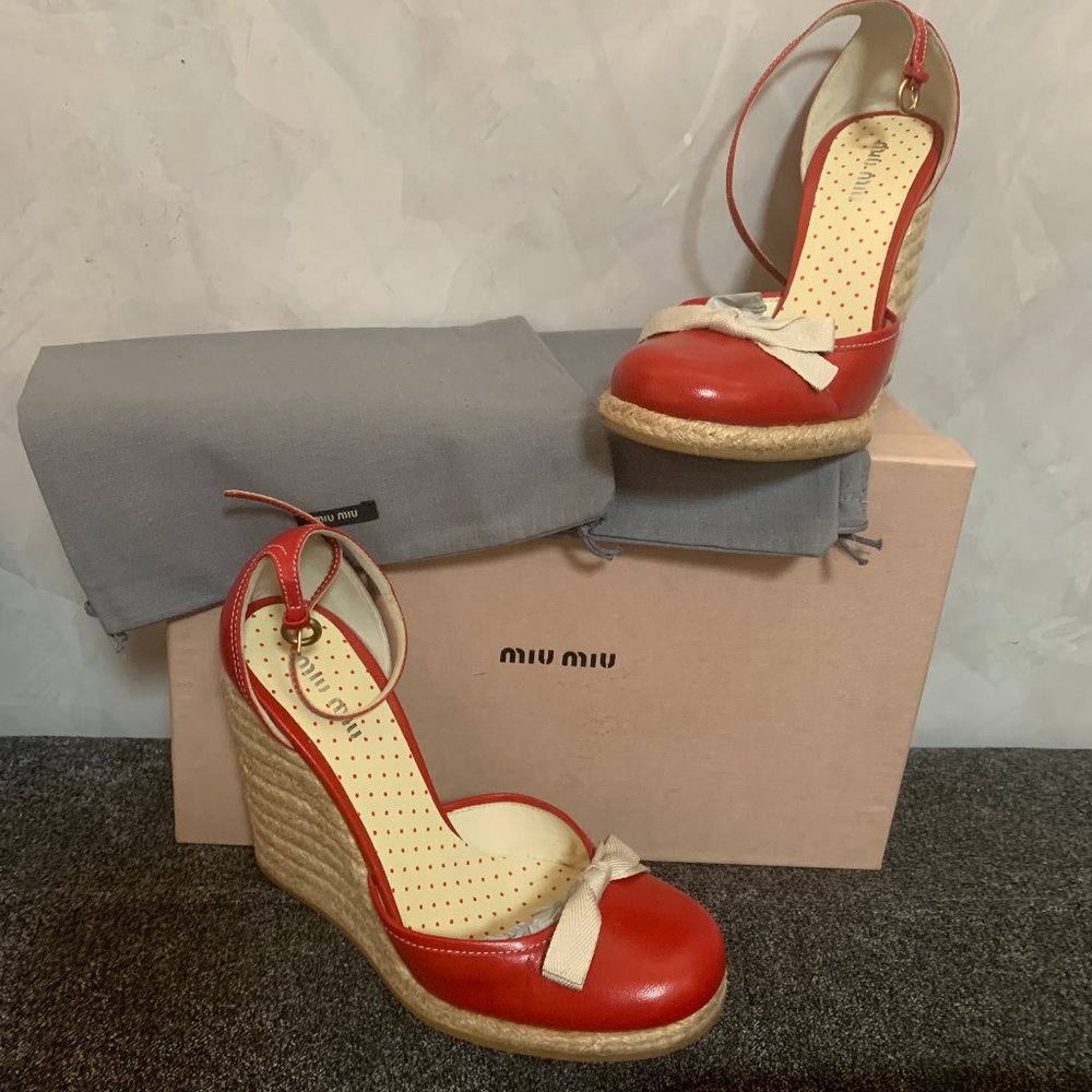 Miu Miu Red Leather Espadrille Wedge Sandals with Cream Bow